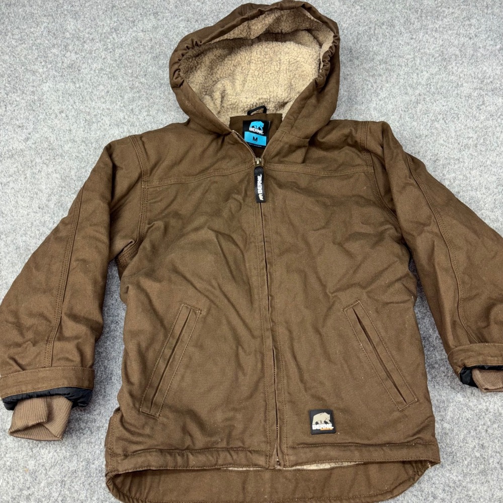 Berne Youth Hooded Work Jacket Kids Size Medium 10-12 Brown Sherpa Lined Outdoor